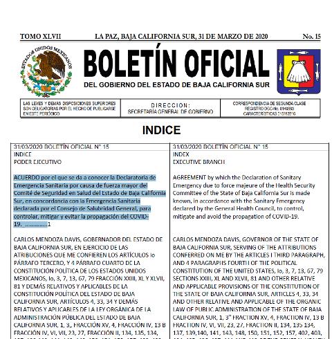 BOLETÍN OFICIAL Acuerdo declaratoria de emergencia sanitaria en BCS